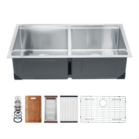 33 inch Kitchen Sink Workstation, 304 Stainless Steel Undermount Sink, Drop-In Double Bowl Farmhouse Basin with Ledge & Multiple Accessories