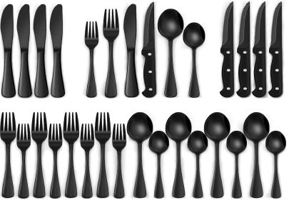 24-Piece Black Silverware Set with Steak Knives, Black Flatware Set for 4, Food-Grade Stainless Steel Tableware Cutlery Set