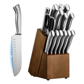Kitchen Knife Set with Block and Sharpener, 15 Piece German High Carbon Stainless Steel Sharp Knife Set, Kitchen Cutlery with Ergonomic Handle