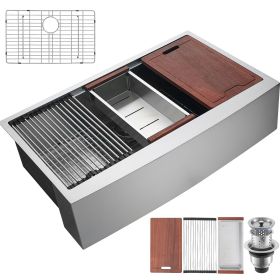 Farmhouse Kitchen Sink, 304 Stainless Steel Drop-In Sinks, Top Mount Single Bowl Basin with Ledge & Accessories (size: 33 inches)